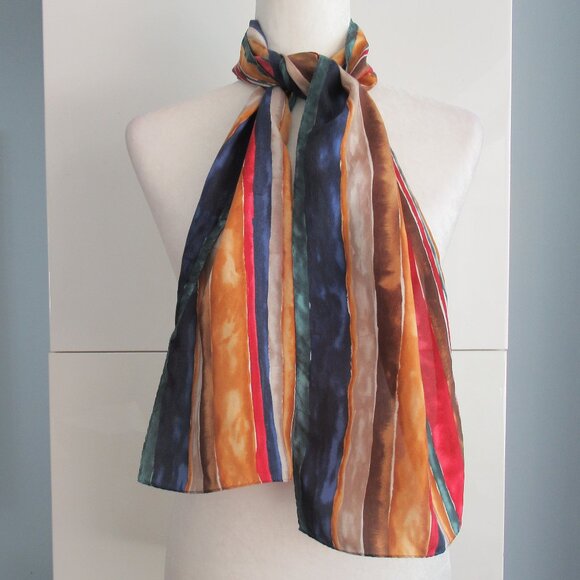 100% Silk Stripe Rectangular Scarf 10" x 54" Multicolor Excellent - Picture 6 of 8